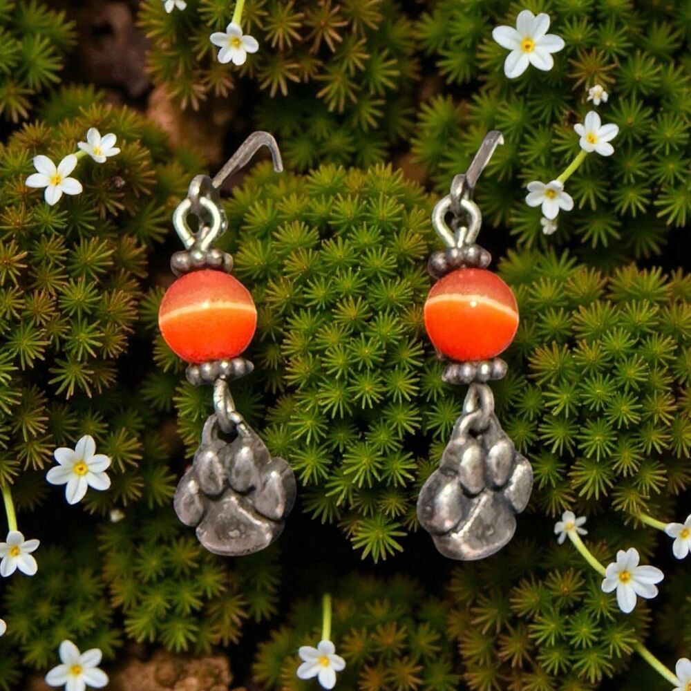 Orange Cat's Eye Silver Earrings 925 Paw Print Dangle